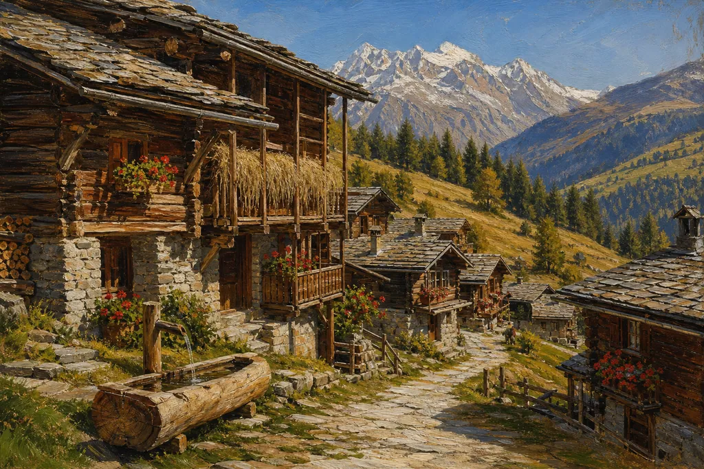 Maisons de mélèze et de pierre d'un village alpin sous des sommets enneigés en été