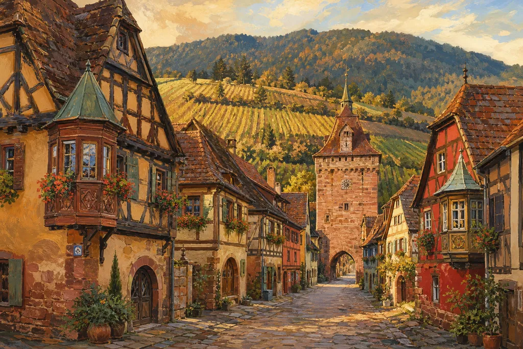 Rue à colombages colorés d'un village viticole d'Alsace avec tour-porte et vignes