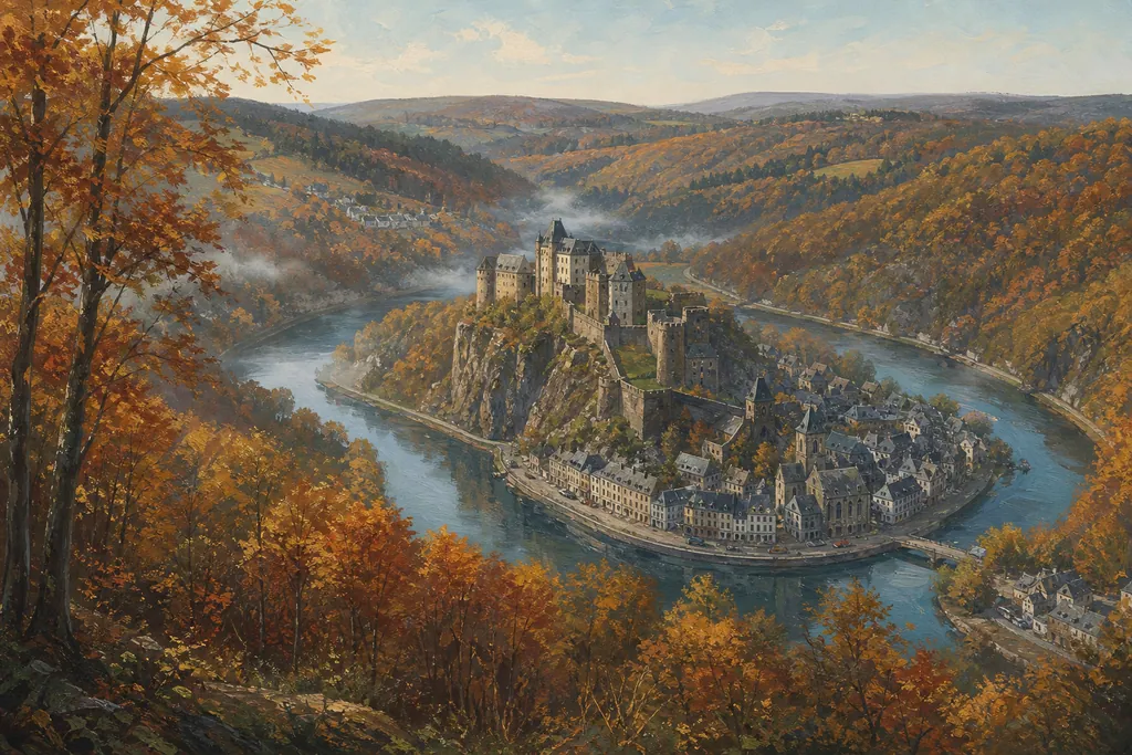Château fort de Bouillon sur son éperon au-dessus des méandres de la Semois en automne