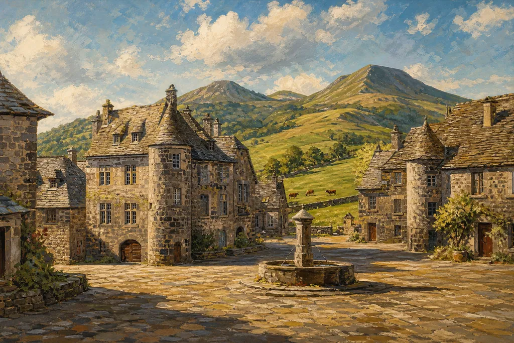 Place pavée de Salers en pierre volcanique noire avec tourelles et volcans du Cantal derrière