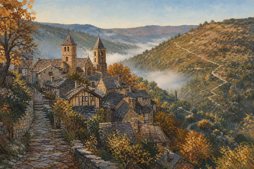 Village de Conques aux toits de lauze et abbatiale romane dans un vallon boisé de l'Aveyron