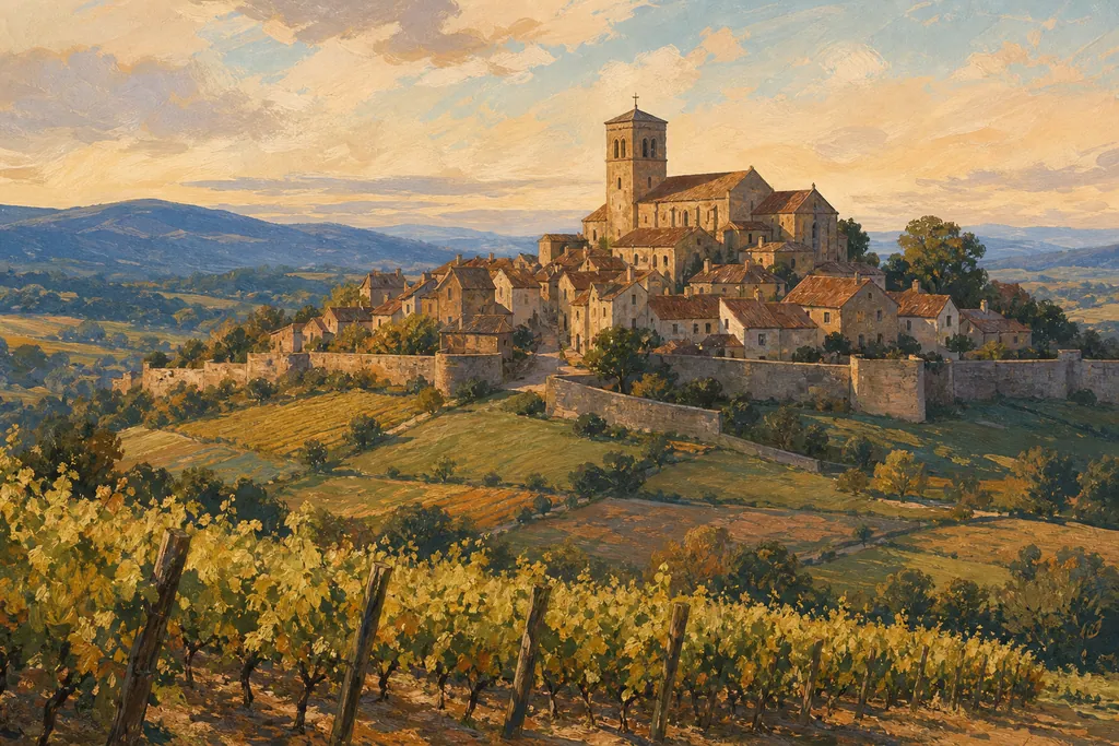 Village de pierre blonde sur une colline bourguignonne, basilique romane au sommet, vignes en contrebas