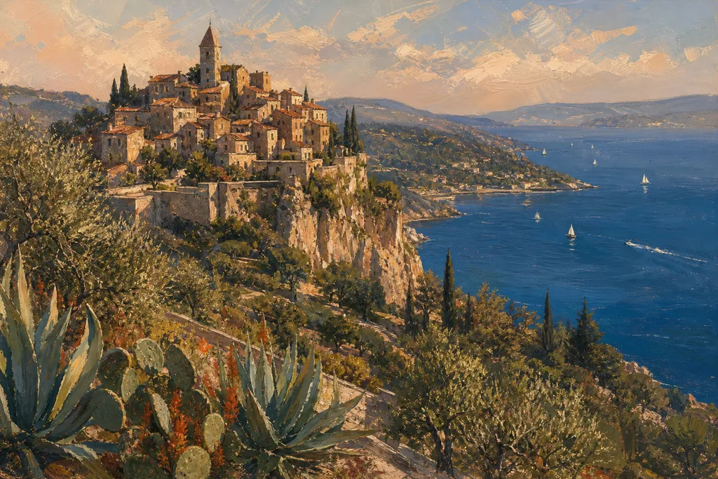 Village perché de pierre ocre au-dessus de la Méditerranée sur la Côte d'Azur