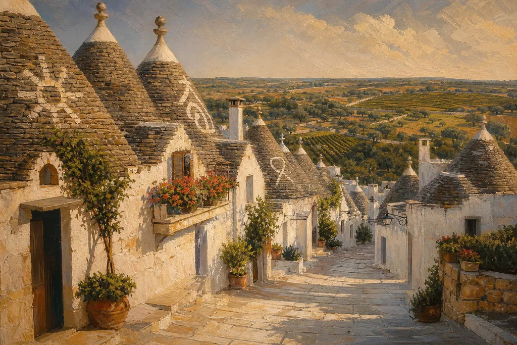 Ruelle blanche d'Alberobello bordée de trulli aux toits coniques de pierre grise