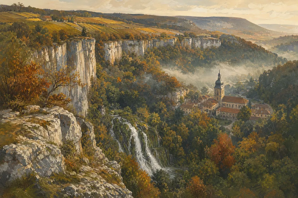 Reculée du Jura vue d'un belvédère avec abbaye au fond du cirque et cascade de tuf