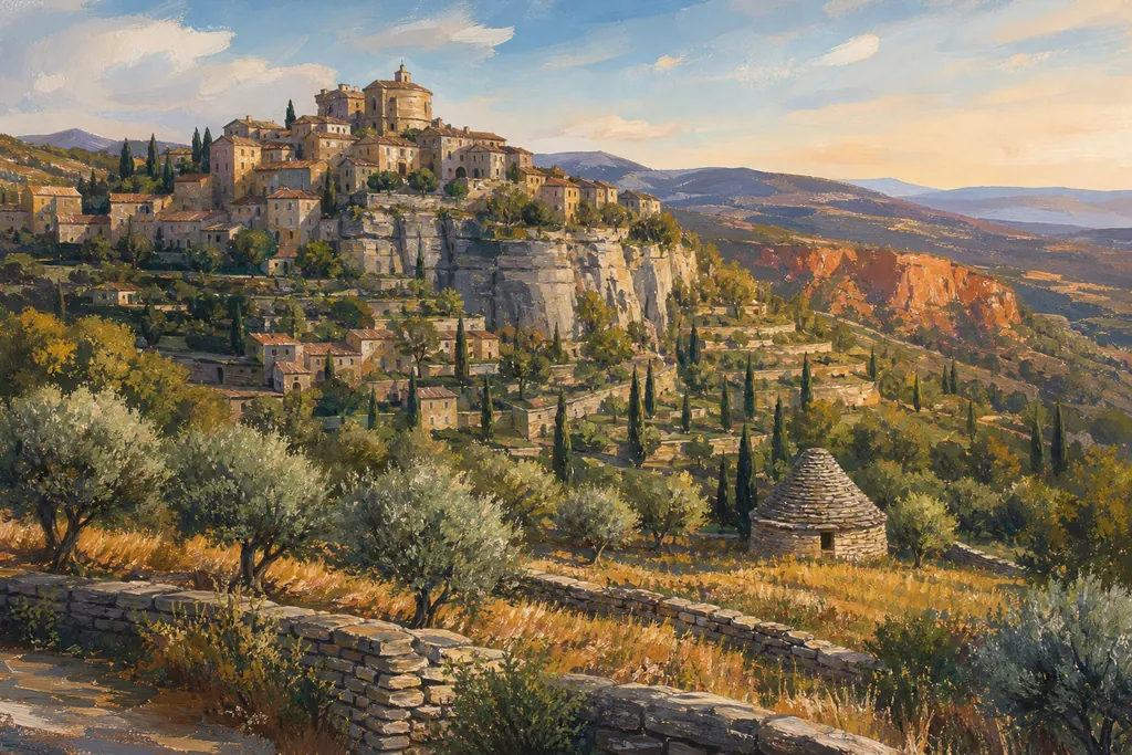 Village perché du Luberon en pierre blonde au-dessus des oliviers, falaises d'ocre au loin