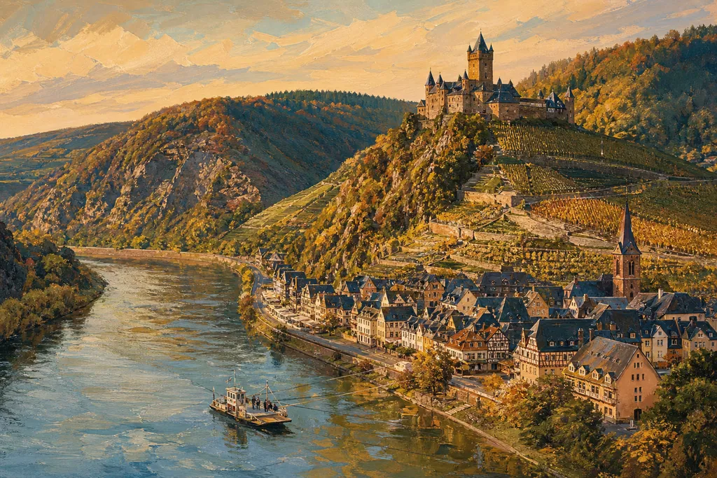 Village à colombages et château perché au-dessus d'une boucle de la Moselle, vignes en terrasses