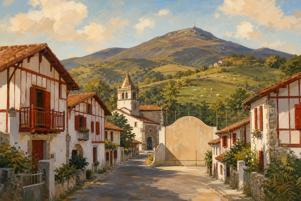 Rue d'un village basque aux maisons blanches et rouges, collines vertes et Rhune en fond