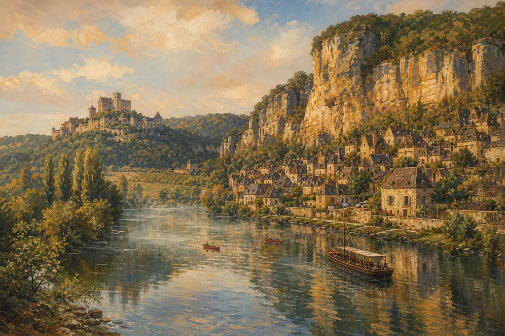 Village de pierre blonde du Périgord au pied d'une falaise au bord de la Dordogne