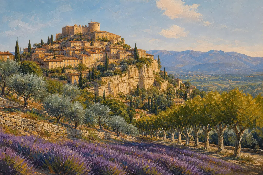Village perché de Provence en pierre blonde au-dessus des oliviers et d'un champ de lavande