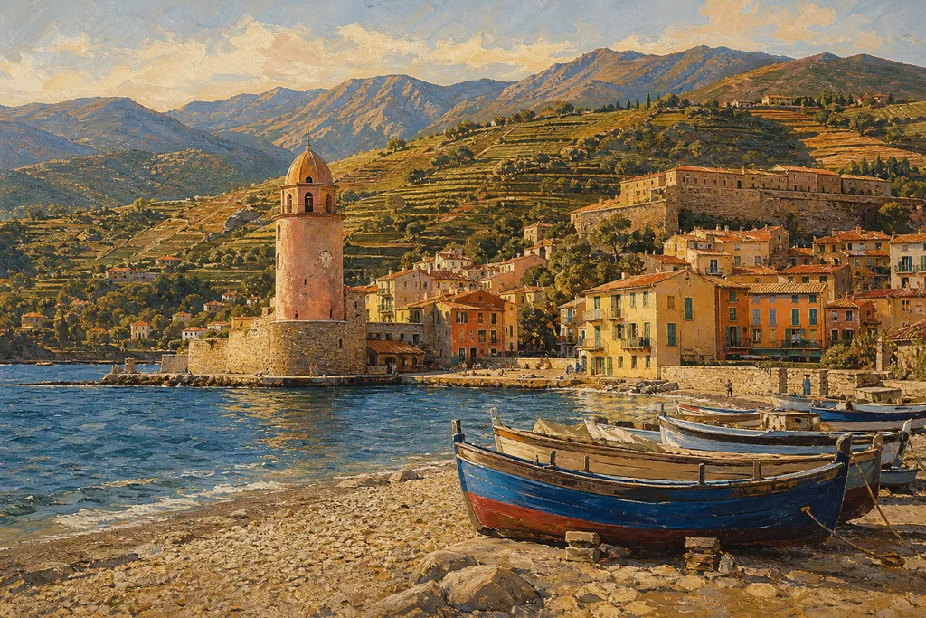 Port catalan aux façades colorées et clocher rose au pied des Pyrénées, barques sur la plage