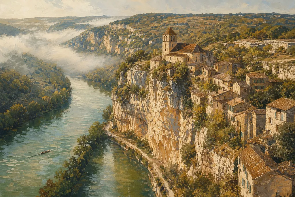 Village perché du Quercy en pierre blonde au-dessus d'un méandre du Lot