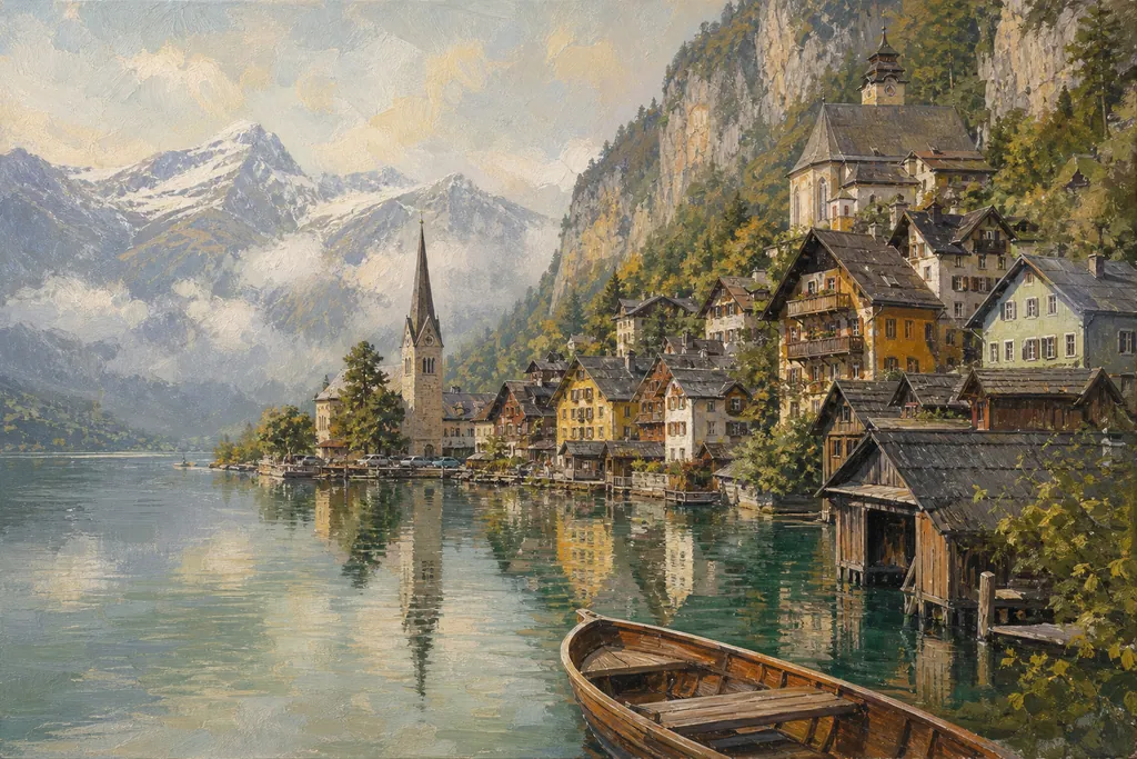 Maisons colorées de Hallstatt reflétées dans le lac au pied des montagnes du Salzkammergut