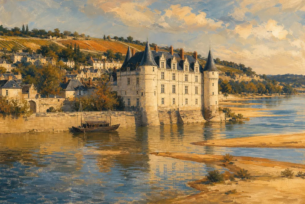 Château de tuffeau au bord de la Loire avec village aux toits d'ardoise sur le coteau