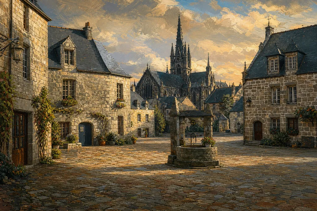 Place pavée d'un bourg breton bordée de maisons de granit gris, avec un puits et une église gothique