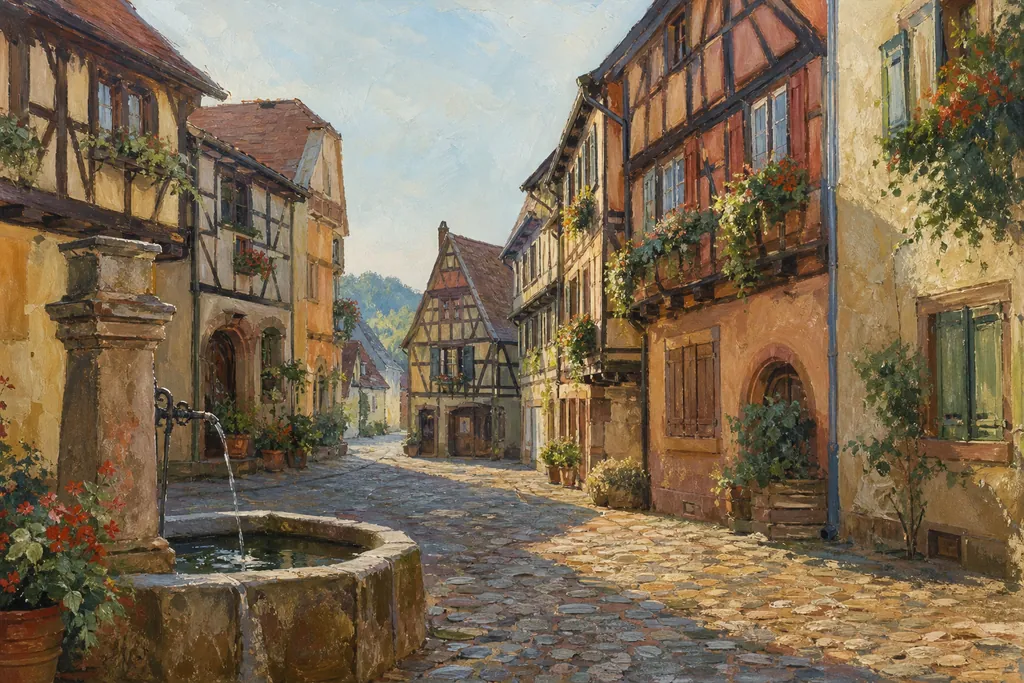 Ruelle pavée déserte au petit matin, bordée de maisons à colombages colorées et de balcons fleuris de géraniums