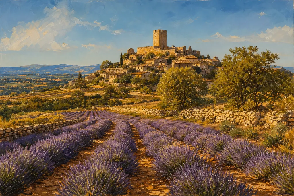 Champs de lavande en fleurs devant un village perché de Haute-Provence dominé par un donjon