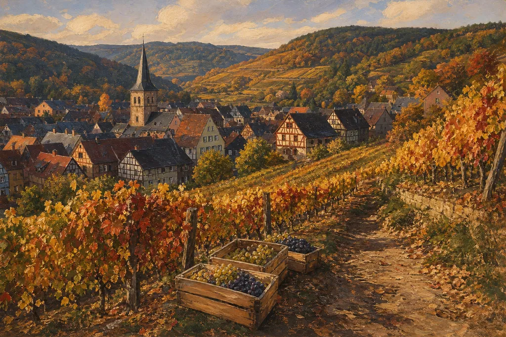 Vignes aux couleurs d'automne au-dessus d'un village de vignerons aux maisons colorées pendant les vendanges