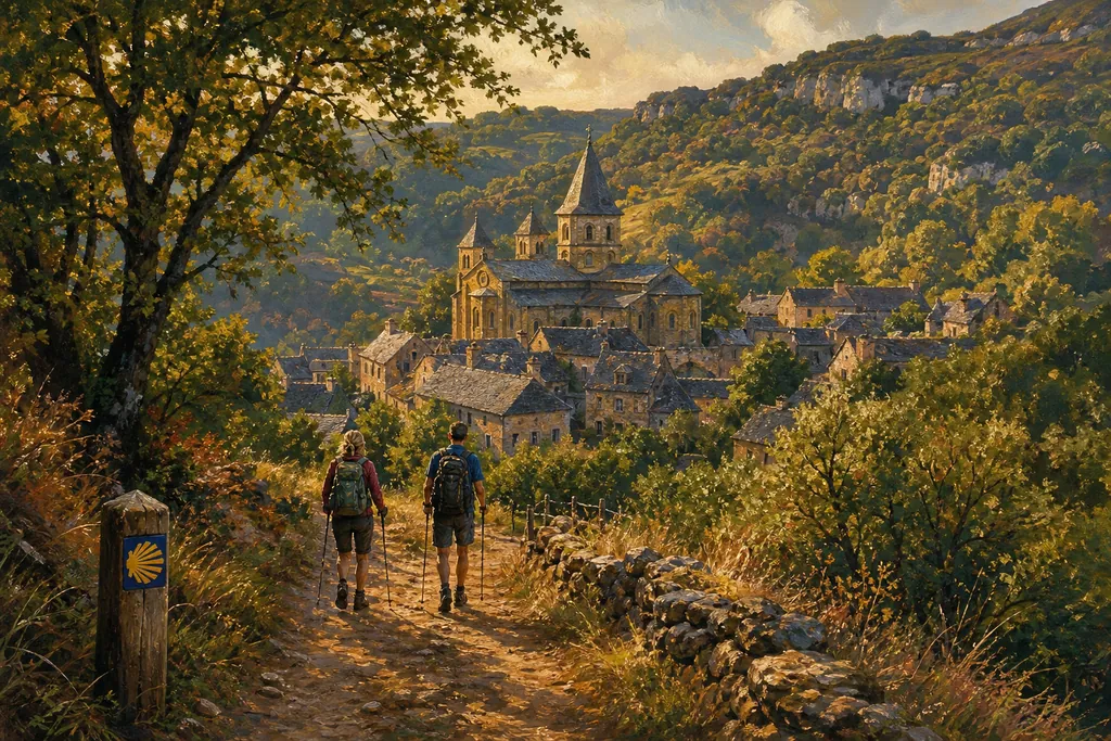 Deux marcheurs descendent vers un village aux toits de lauze et son abbatiale romane, sur le chemin de Compostelle