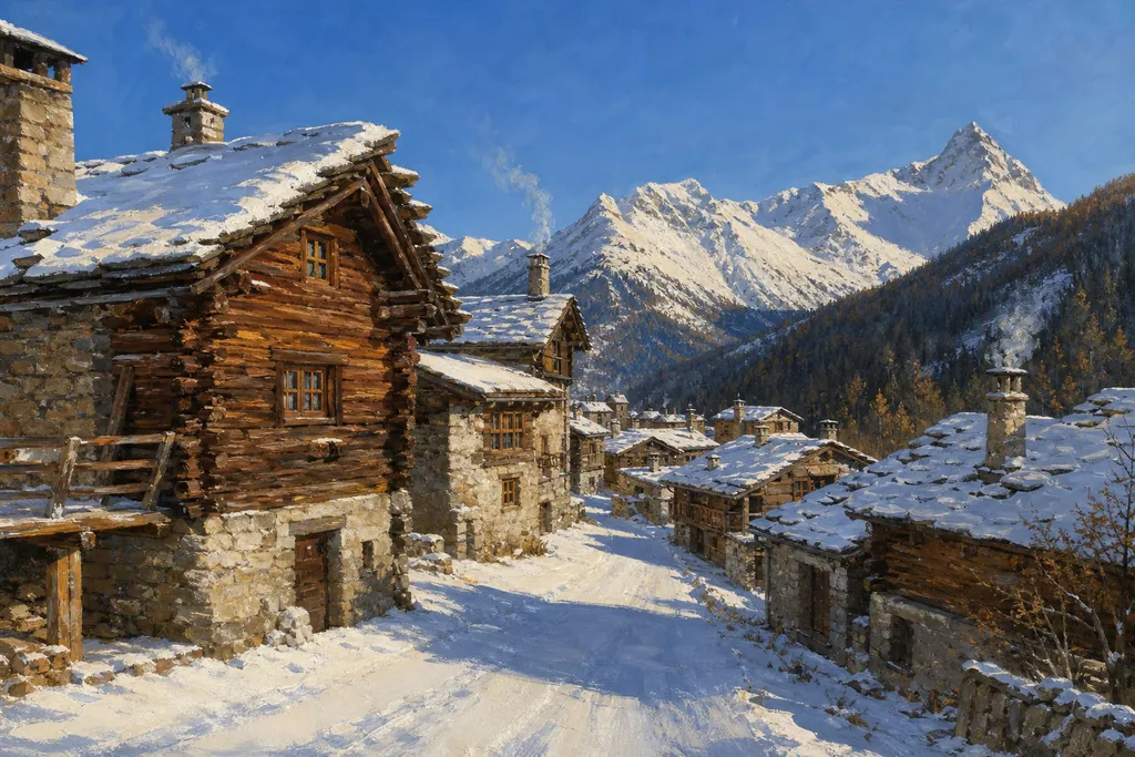 Village alpin aux maisons de pierre et de mélèze sous la neige, face aux sommets enneigés