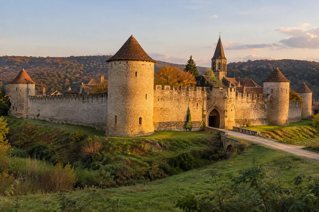 Enceinte médiévale de pierre blonde avec tours rondes et porte voûtée, toits du village dépassant des remparts