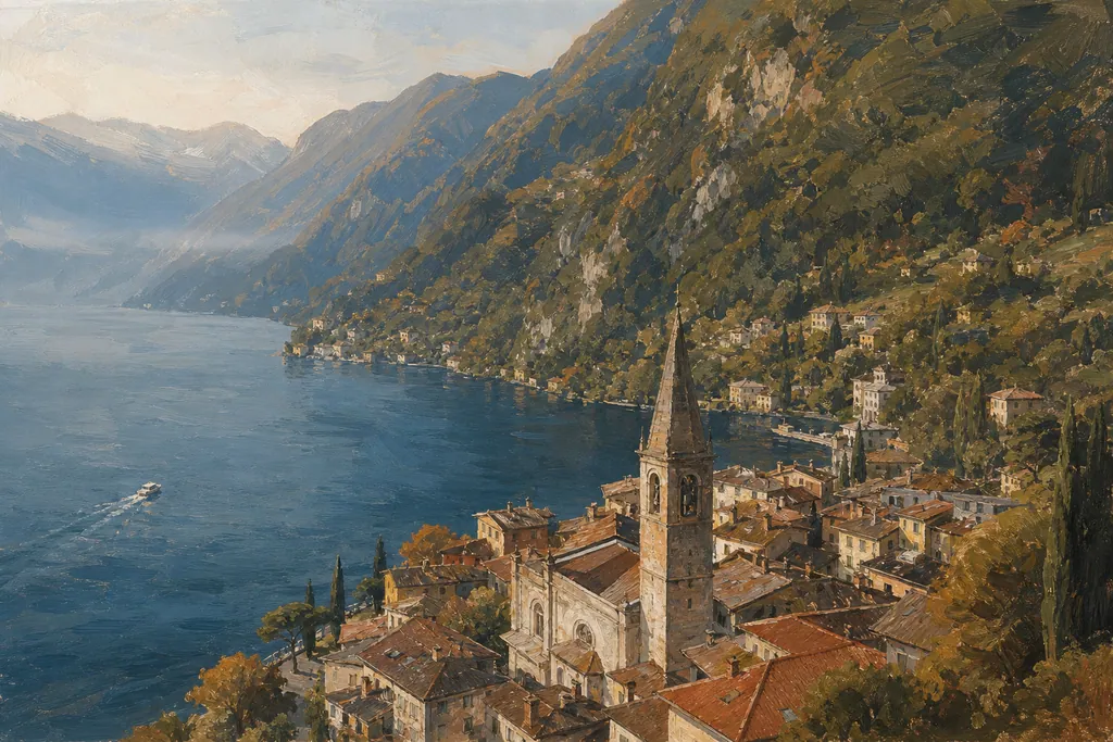 Village de maisons serrées au bord d'un lac alpin, dominé par un clocher pointu et une montagne boisée