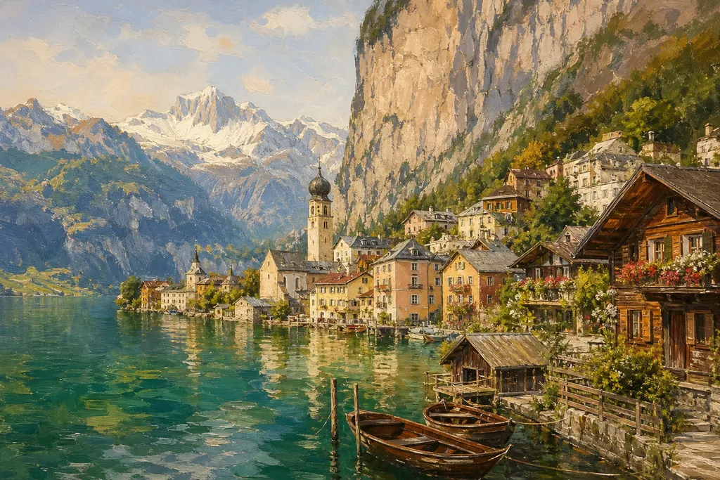 Illustration peinte : Alpes et lacs, du Léman au Salzkammergut