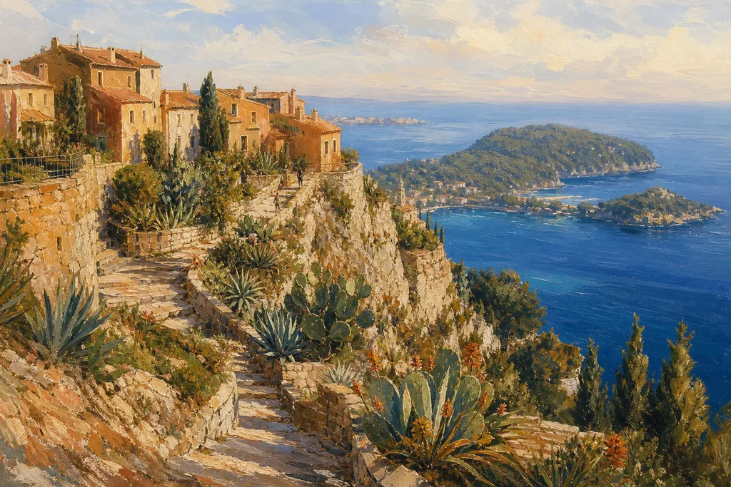 Illustration peinte : Côte d'Azur perchée, d'Èze à Entrevaux