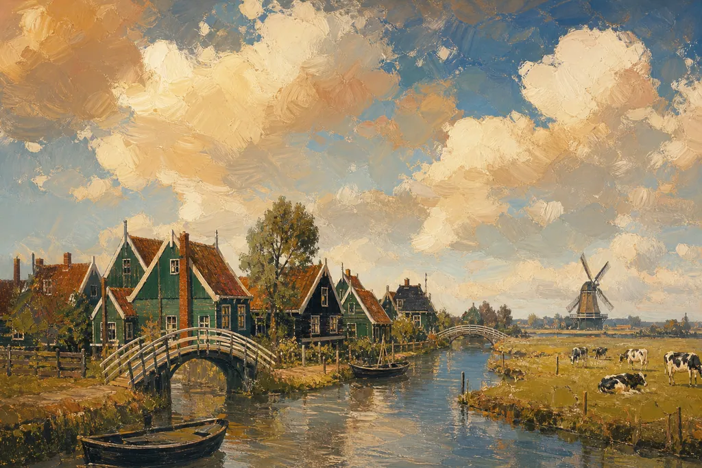 Illustration peinte : Plat pays et canaux, d'Amsterdam à Bruges