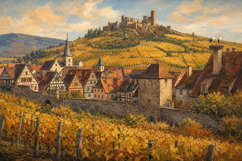 Illustration peinte : Route des vins d'Alsace, de Hunspach à Eguisheim