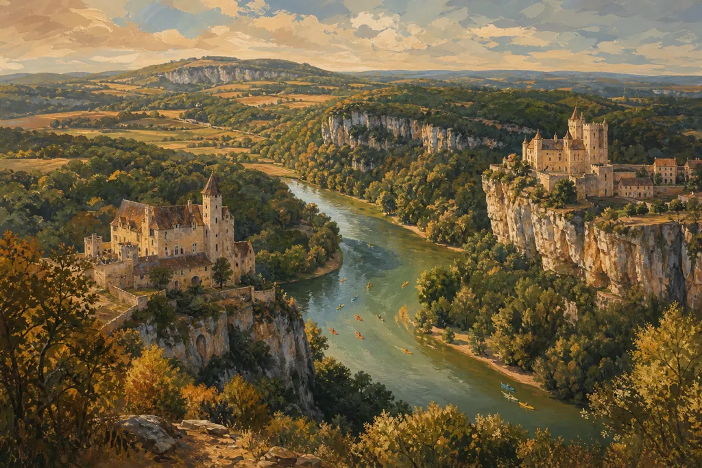 Illustration peinte : Vallée de la Dordogne, de La Roque-Gageac à Monpazier