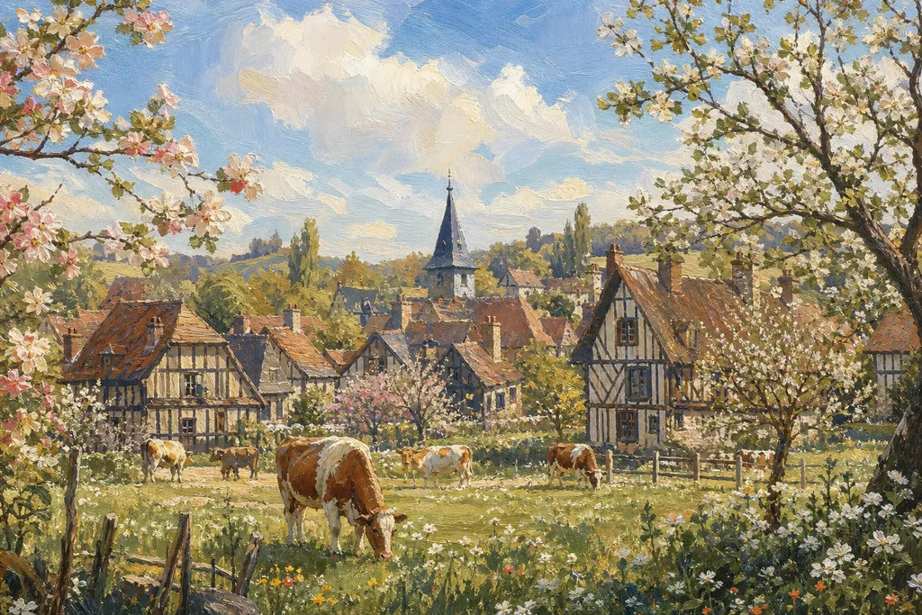 Illustration peinte : Glycines, pommiers en fleurs, tulipes et ponts de printemps