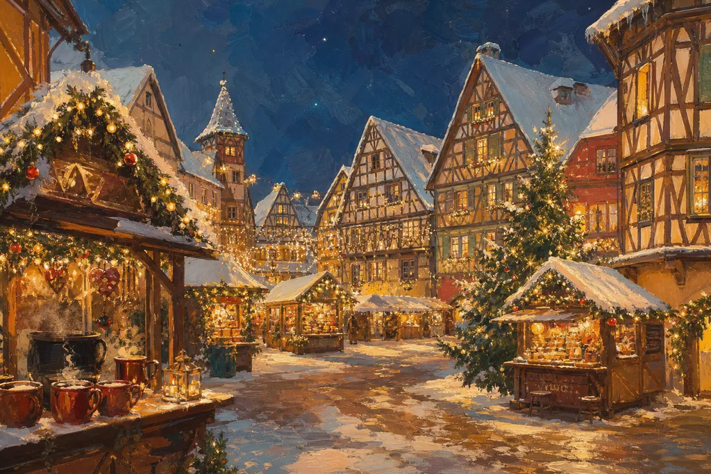 Illustration peinte : Marchés de Noël, crèches, neige et villages illuminés