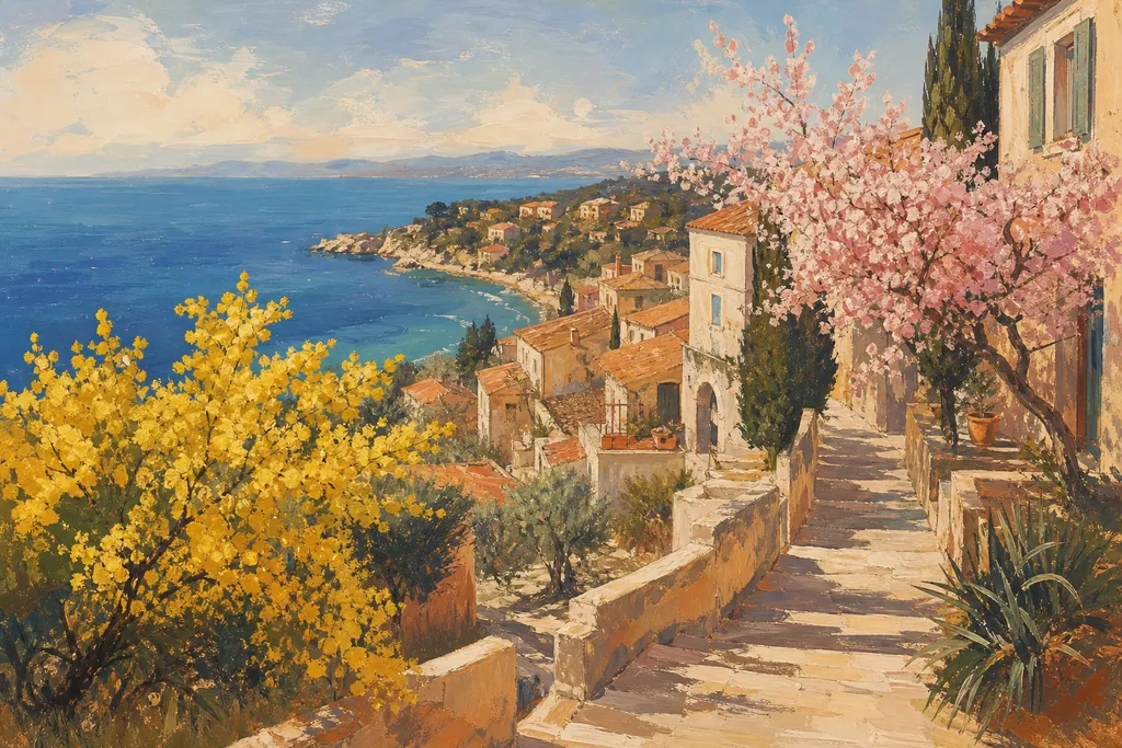 Illustration peinte : Mimosas, amandiers en fleurs et villages de neige