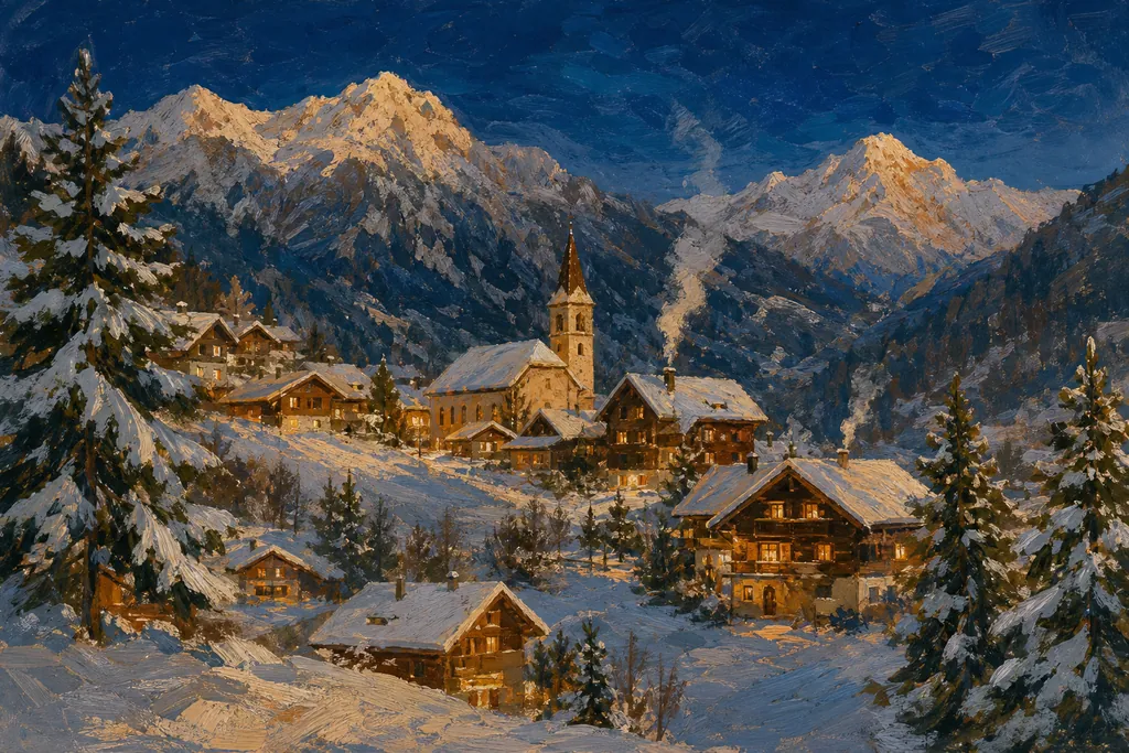 Illustration peinte : Villages sous la neige, marchés d'hiver et Antilles au sec
