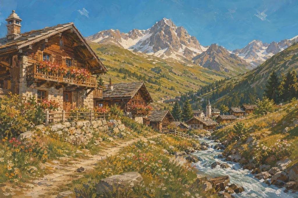 Illustration peinte : Lavande, alpages fleuris, baignades et villages très fréquentés