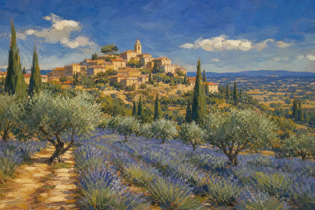 Illustration peinte : Lavande naissante, montagne qui s'ouvre, mer déjà chaude