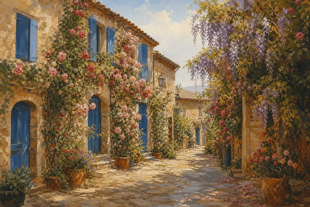 Illustration peinte : Le mois idéal : roses, longues journées, villages encore calmes
