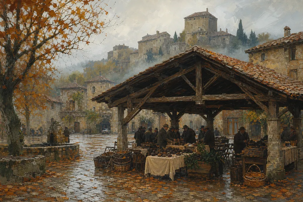 Illustration peinte : Truffes, brumes, cheminées et villages du sud au calme