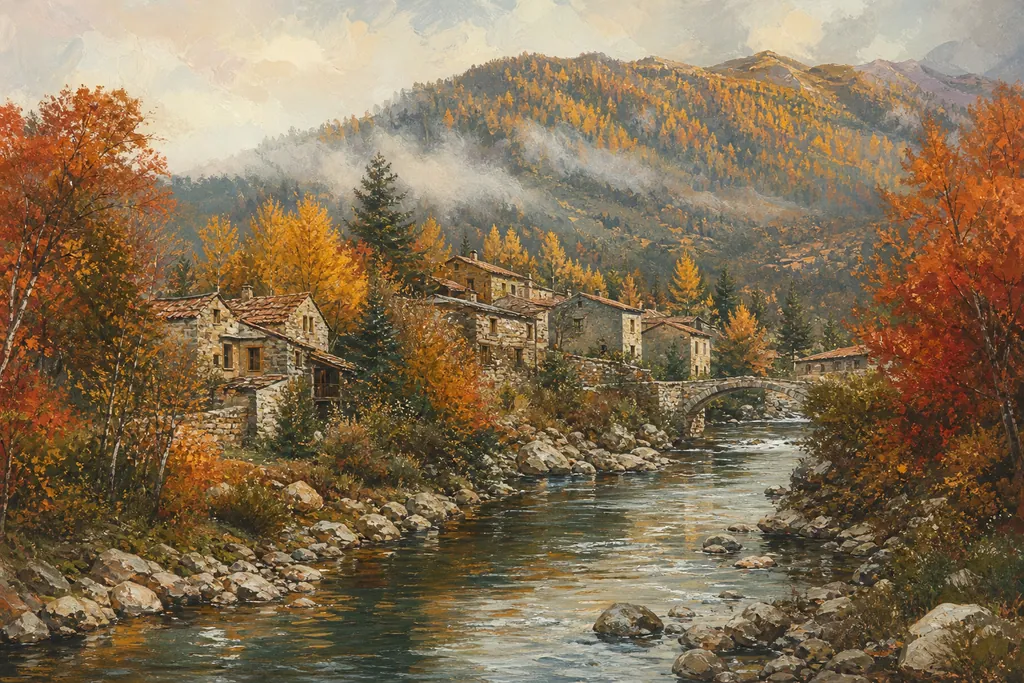 Illustration peinte : Couleurs d'automne, mélèzes dorés, châtaignes et marchés aux truffes qui s'annoncent