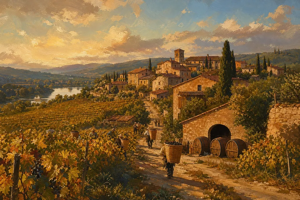 Illustration peinte : Vendanges, mer chaude, lumière basse et villages retrouvés