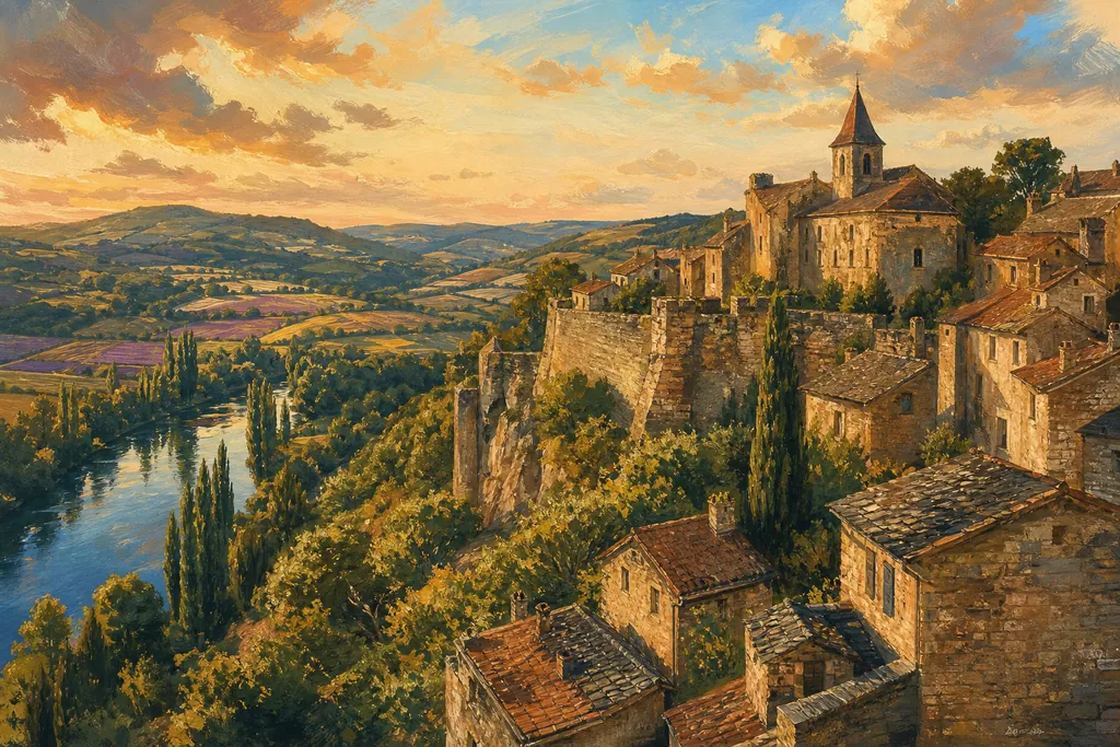 Peinture d'un village de pierre perché au-dessus d'une rivière, sous une lumière dorée