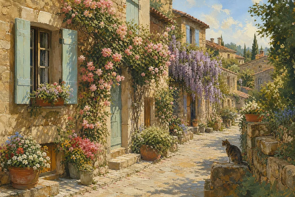 Illustration peinte : Villages fleuris et jardins