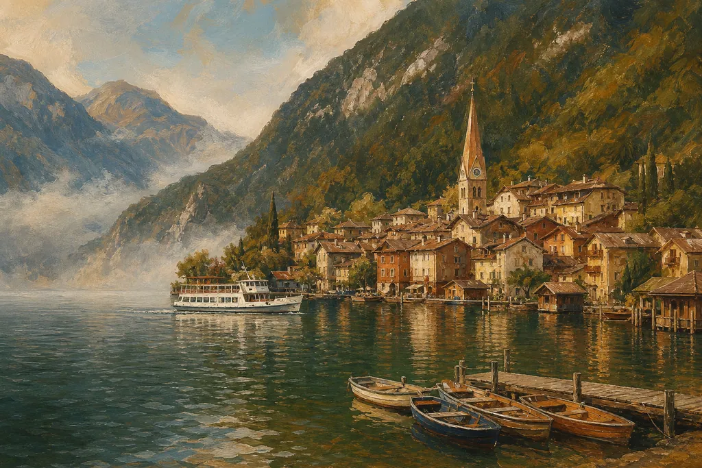 Illustration peinte : Villages au bord d'un lac