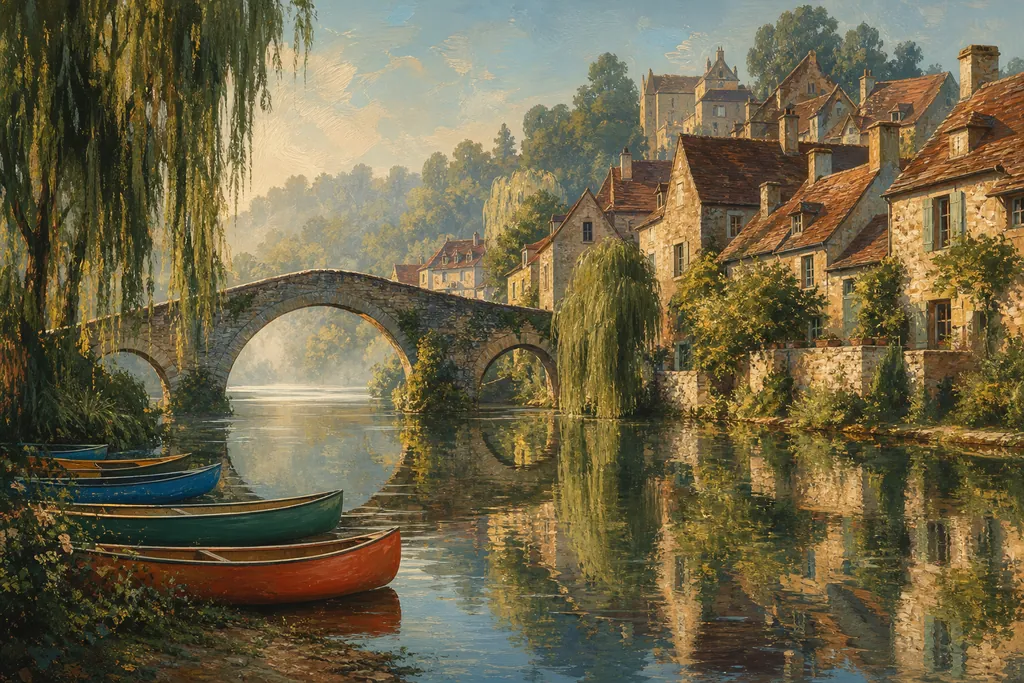 Illustration peinte : Villages au bord de l'eau