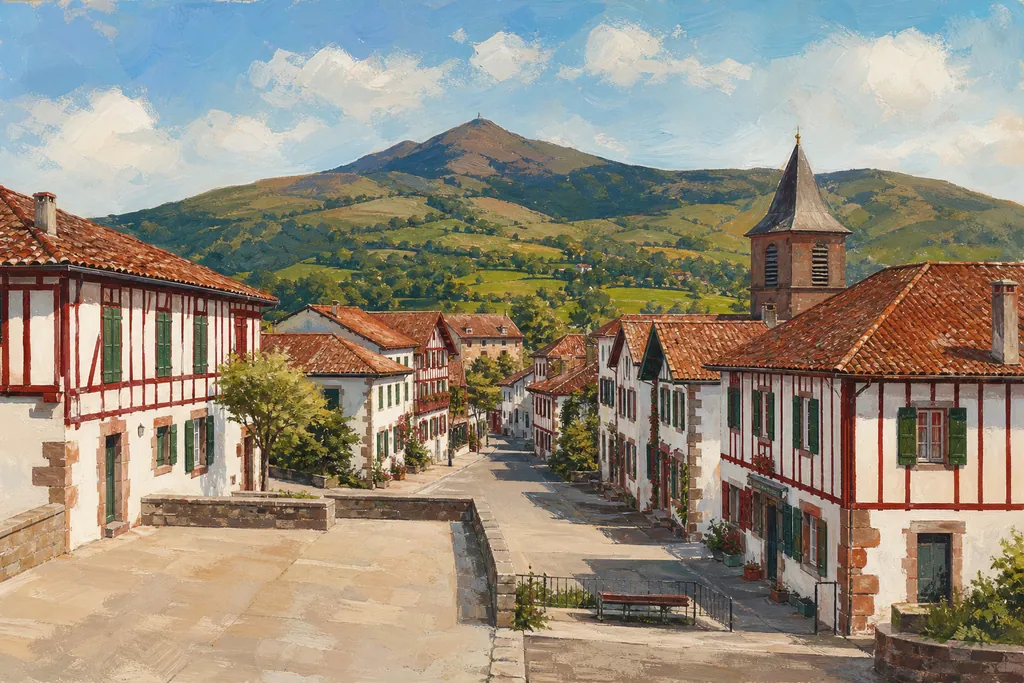Rue unique d'Ainhoa avec ses maisons basques blanches et rouges et les collines