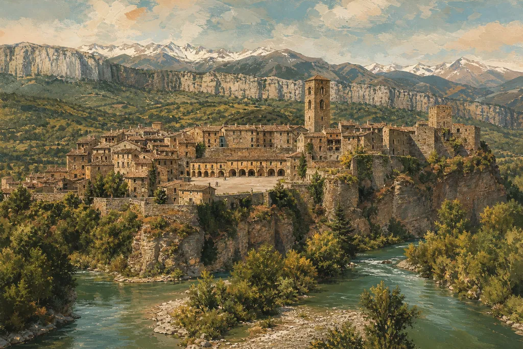 Aínsa, sa vieille ville perchée et son clocher roman au-dessus des rivières, face aux Pyrénées enneigées