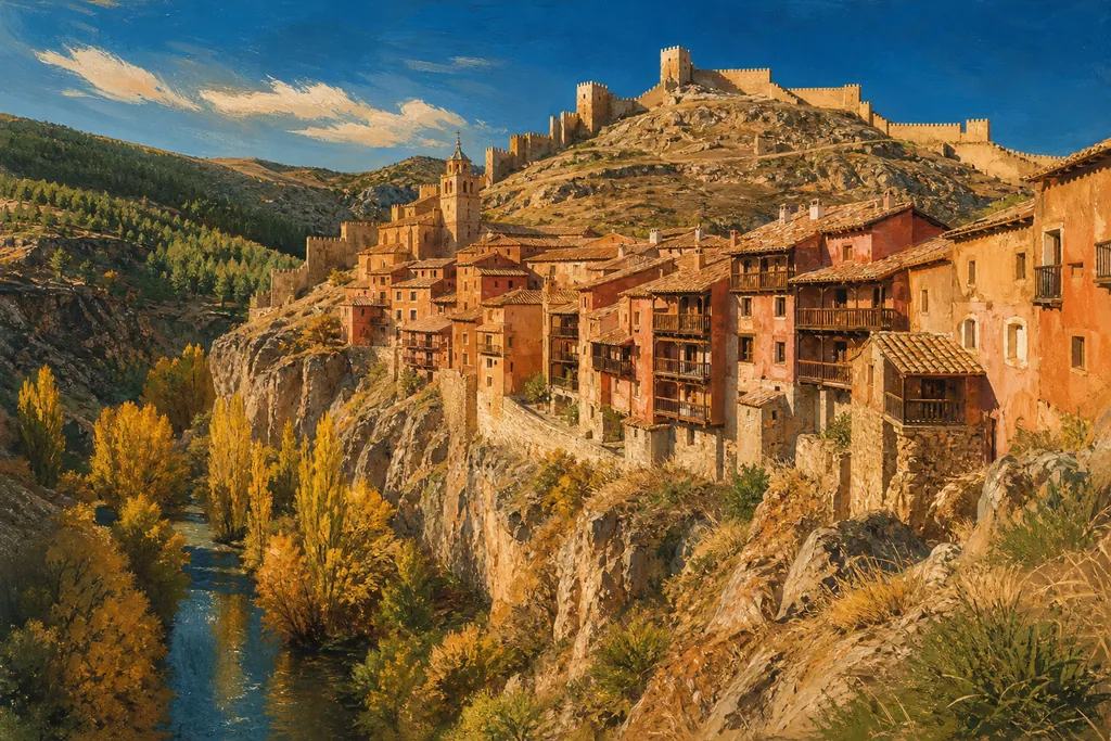 Albarracín et ses maisons rouges dominées par la muraille, au-dessus du canyon du Guadalaviar
