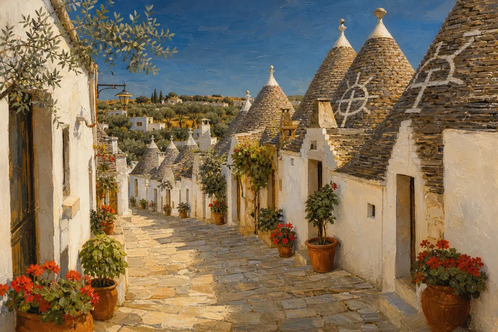 Ruelle du Rione Monti à Alberobello bordée de trulli blancs aux toits coniques de pierre grise