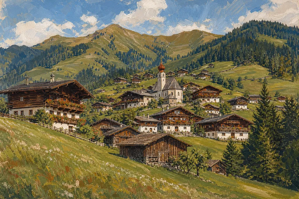 Chalets de bois d'Alpbach aux balcons de géraniums rouges, avec l'église et les montagnes du Tyrol en été